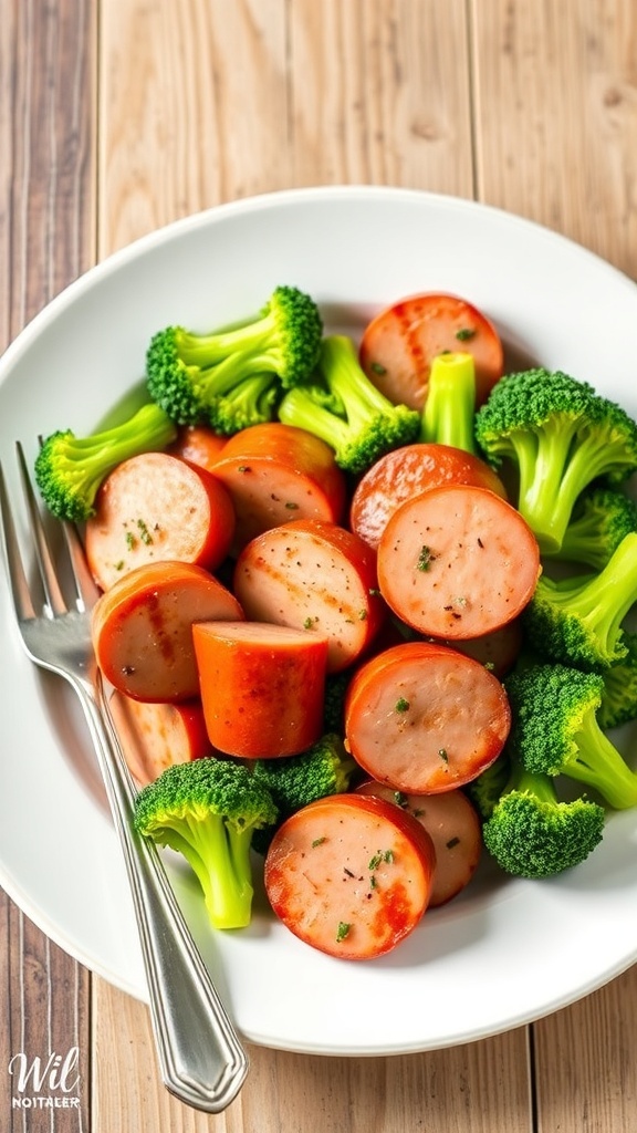 Air fryer kielbasa and broccoli served on a plate, featuring golden kielbasa and bright green broccoli.